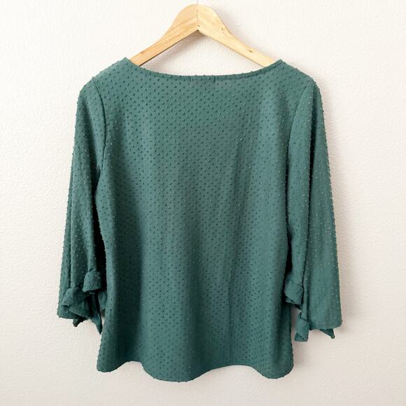 W5 x ANTHROPOLOGIE | Dot Textured Green Ruffle Short Sleeve Swiss Top | Large - Picture 5 of 7